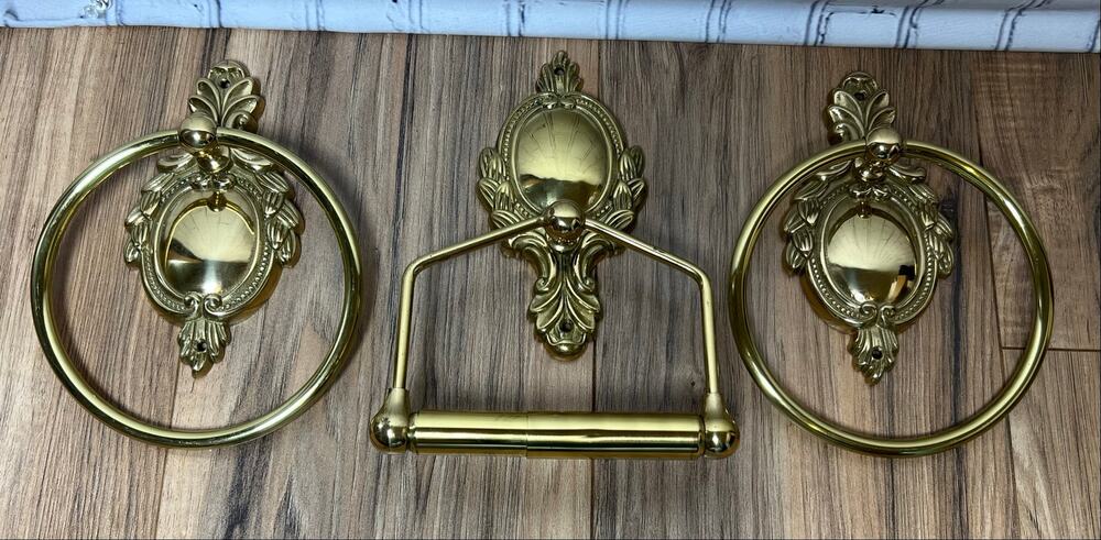 Vintage Brass Tone Bathroom Hardware Set 2 Towel Ring Toilet Paper Holder Taiwan